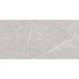 GRESIE PULPIS ARMANDO SILVER ENDLESS - 60X120 cm, portelanata, cu finisaj lucios și design continuu tip endless, în nuanțe elegante de gri deschis cu vene fine aurii. Ideală pentru spații moderne și luminoase, compatibilă cu încălzirea în pardoseală.
