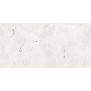 GRESIE ORIS WHITE ENDLESS - 60X120 cm, portelanata, finisaj lucios cu design continuu endless, în nuanțe delicate de alb și crem sidefat. Ideală pentru interioare luminoase, elegante și moderne.