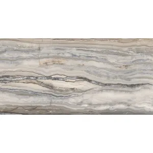 GRESIE WAVY BLUE - 60X120 cm, porțelanată lucioasă, rectificata, model cu nuanțe de albastru și bej, aspect de piatră naturală stratificată, ideală pentru interior și exterior.