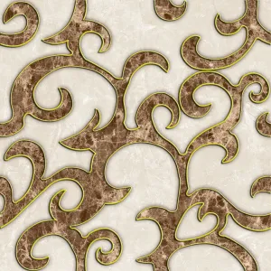 GRESIE FC-9581-G - 60X60 cm, porțelanată, în nuanțe de bej deschis cu inserții maro și accente aurii, decor oriental stilizat, aspect lucios, ideală pentru interioare elegante și artistice.