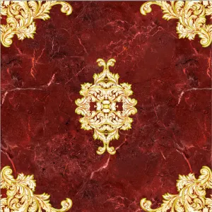 GRESIE FC-10784-G - 60X60 cm, porțelanată, lucioasă, în nuanțe de roșu intens cu vene naturale și elemente decorative aurii gravate, aspect luxos pictat manual, ideală pentru interioare clasice și elegante.