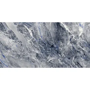 GRESIE LIZON BLUE - 60X120 cm, porțelanată, rectificată, în nuanțe de albastru intens, gri și negru, finisaj extra-lucios High Glossy, ideală pentru interioare elegante și moderne.