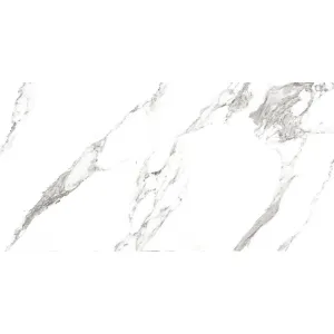 GRESIE TORRANO CALACATTA - 60X120 cm, porțelanată, rectificată, finisaj lucios, cu design elegant inspirat din marmura Calacatta, în nuanțe de alb pur cu vinișoare gri naturale.