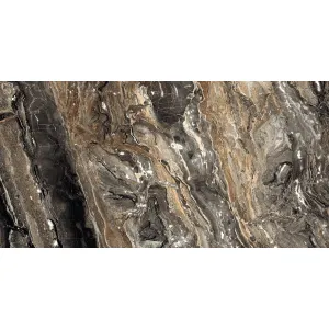 GRESIE DEEPER BROWN - 60X120 cm, porțelanată, aspect de marmura maro intens cu vene aurii și crem, finisaj super lucios (high glossy), recomandată pentru interioare rafinate.