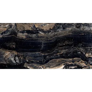 GRESIE GALAXY BLACK HG - 60X120 cm, porțelanată, glazurata, rectificata, în nuanțe de negru intens, gri și maro cu accente aurii, finisaj super lucios High Glossy, pentru interioare sofisticate.