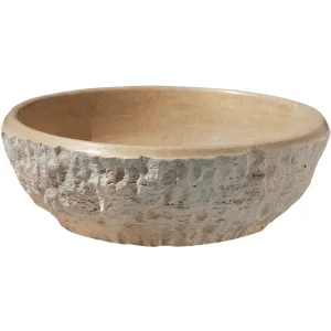 LAVOAR DIN TRAVERTIN LIGHT AC L18  - 42x15 cm, rotund, finisaj exterior cioplit, interior chituit cu praf de travertin, montaj pe blat, culoare bej deschis natural.