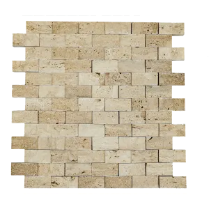 MOZAIC DIN TRAVERTIN CLASSIC SPLIT FACE - 29.5X30 cm, grosime variabila 1.5-1.8 cm, bej clasic cu variații naturale de tonuri calde, finisaj scapițat (split face), montat pe plasă, ideal pentru placări verticale interioare și exterioare.