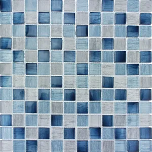 MOZAIC PE PLASA ML057RL - 30X30 cm, pe plasa, în nuanțe de albastru și gri, cu folie pe spate, ideal pentru decorarea pereților interiori. Finisaj lucios, neadecvat pentru piscine.