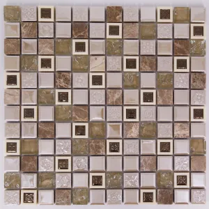MOZAIC PE PLASA AGOR0001 - 30X30 cm, realizat din ceramică, marmură și sticlă, cu elemente decorative reliefate, finisaj lucios, în nuanțe crem, bej și maro, montaj interior/exterior.
