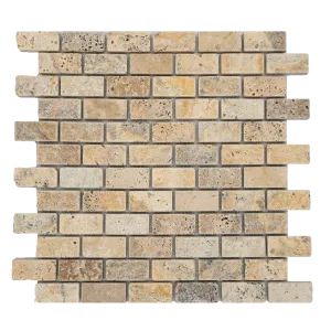 MOZAIC DIN TRAVERTIN SCABAS - 30.5x30.5 cm, grosime 1 cm, finisaj mat, tumbled, in nuante de bej, galben, crem, ruginiu și tonuri pământii, montat pe plasă, ideal pentru placări interioare cu aspect rustic și natural.