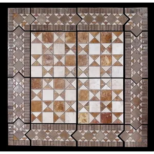 MEDALION MOZAIC DIN TRAVERTIN - 108X108 cm, grosime 1 cm, compus din 12 bucăți, finisaj tumbled, nechituit, mat, ideal pentru decorarea pardoselilor interioare cu un accent sofisticat și rustic.