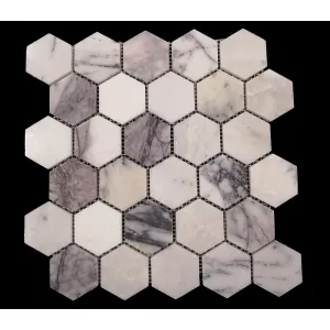 MOZAIC DIN MARMURA LILAC HEXAGON - 27.7x28.9 cm, grosime 1 cm, hexagonal lucios din marmură Lilac alb, gri si mov-liliachiu, montat pe plasă, cu un design elegant și natural, ideal pentru spații rafinate.
