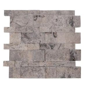 MOZAIC DIN TRAVERTIN SILVER MINIPANEL - 29.6x28.4 cm, grosime variabila 1.5-1.8 cm, finisaj split face (scapitat), montat pe plasă, ideal pentru pereți interiori și exteriori cu aspect modern-rustic.