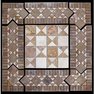 MEDALION MOZAIC DIN TRAVERTIN - 72X72 cm, grosime 1 cm, finisaj mat, design geometric decorativ, ideal pentru integrare în pardoseli interioare sau spații de accent, interioare sau exterioare.