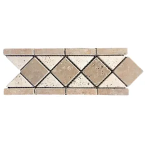 BORDER DIN TRAVERTIN PE PLASA - 10.5X28.5 cm, design geometric în nuanțe naturale de crem, bej, maro deschis și ivoire, ideal pentru finisaje interioare clasice elegante, rustice.