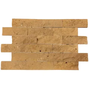 TRAVERTIN NOCHE - 5X15 cm, grosime variabilă 1.5-1.8 cm, în nuanțe calde de maro. Placaj decorativ ideal pentru pereți interiori și exteriori, cu un aspect rustic și textură naturală.