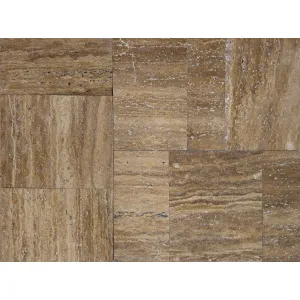 TRAVERTIN NOCHE FP PERIAT - 1.2 cm, French Pattern format din 9 placi/ set, diverse dimensiuni, în nuanțe calde de maro, ideal pentru pardoseli naturale cu aspect rustic și rezistență la îngheț.