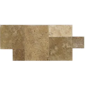 TRAVERTIN NOCHE MIX TUMBLED FP - 1.2 cm, French Pattern, set modular format din 6 plăci de dimensiuni diferite, cu grosime de 1.2 cm, în nuanțe calde de maro și bej, ideal pentru pardoseli naturale cu aspect antichizat, în stil franțuzesc.