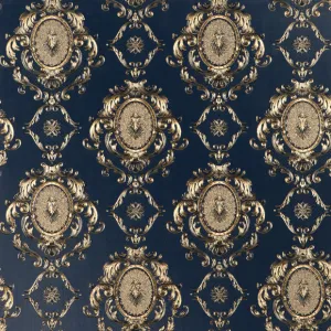 Tapet GOLD OPULENCE G096705 – 53x1000 cm (5.3 m²/ rola), PVC, lavabil, design baroc auriu pe fundal albastru regal, eleganță clasică pentru interioare sofisticate.