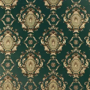Tapet GOLD OPULENCE G096707 – 53x1000 cm (5.3 m²/ rola), PVC, lavabil, model baroc auriu pe fundal verde închis, eleganță clasică pentru decoruri impunătoare.