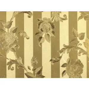 TAPET PVC GOLDEN 66210 - 53X1000 cm, cu aspect satinat si metalizat, model floral embosat pe fundal cu dungi verticale aurii, în stil clasic-elegant.
