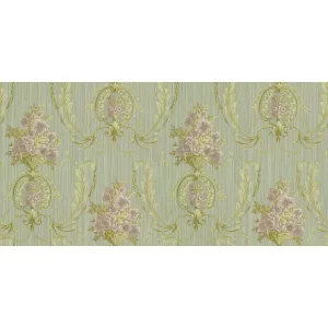 Tapet GRIES GK 87540 – 106x1000 cm (10.6 m² / rolă), PVC, lavabil, model floral baroc în tonuri pastel pe fundal verde deschis.