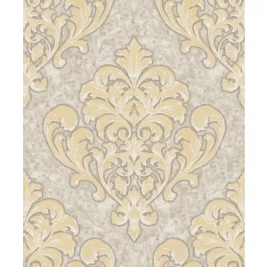 TAPET PVC THESSALONIKI NPP405105 - 53X1000 cm (5.3 m²/ rola), PVC, lavabil, model damasc clasic în tonuri de bej-galben pe fundal texturat crem. 