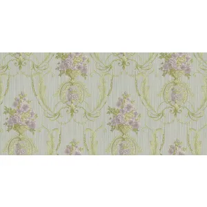 Tapet GRIES GK 87545 – 106x1000 cm (10.6 m²/ rolă), PVC, lavabil, model floral baroc în tonuri de lila și verde pastel.