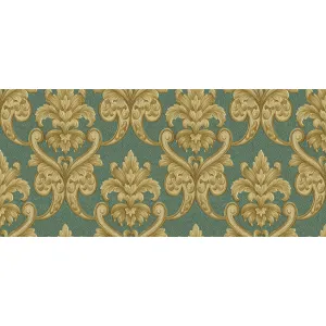 Tapet VANESSA GK 863801 – 70x1000 cm (7 m²/ rolă), PVC, lavabil, model baroc elegant cu ornament auriu pe fundal verde smarald.