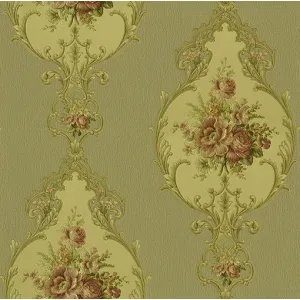 TAPET DELICIA GK 862602 - 53X1000 cm, cu aspect texturat satinat, finisaj embosat, model floral încadrat în medalion baroc, în nuanțe verde-auriu cu accente roz și crem, stil clasic-elegant.