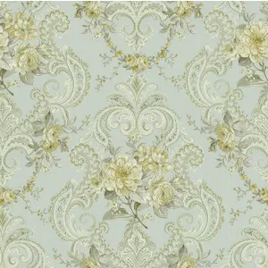 TAPET MAINZ GK 88340 - 53x1000 cm, cu aspect texturat satinat, finisaj embosat, model floral stilizat în medalion damasc, în nuanțe verde pastel și crem, stil clasic-elegant.