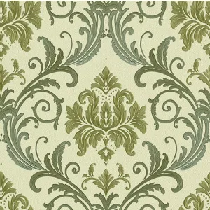 Tapet MAINZ GK 88362 – 53x1000 cm (5.3 m²/ rola), PVC, lavabil, model damasc verde, design clasic reinterpretat cu accente proaspete, ideal pentru interioare luminoase și elegante. 