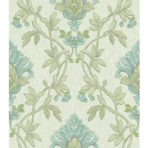 Tapet SCARLETT GK 87606 – 70x1000 cm (7 m² / rolă), PVC, lavabil, model floral elegant clasic în tonuri de verde-mentă și bleu pastel. 