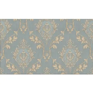 TAPET PVC ROYAL 96002 - 106X1000 cm (10.6mp/rola), cu model baroc repetitiv la 64 cm, în nuanțe elegante de albastru-gri și bej auriu. Ideal pentru interioare clasice și rafinate.