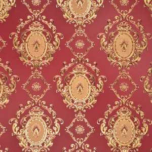 Tapet GOLD OPULENCE G096704 – 53x1000 cm (5.3 m²/ rola), PVC, lavabil, design baroc auriu embosat pe fundal vișiniu, ideal pentru decoruri clasice rafinate.