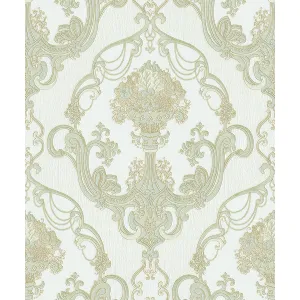 Tapet CAROLYN 827603 – 53x1000 cm (5.3 m²/ rola), PVC, lavabil, model clasic baroc în tonuri calde de crem și bej, suprafață embosată, ideal pentru interioare elegante.
