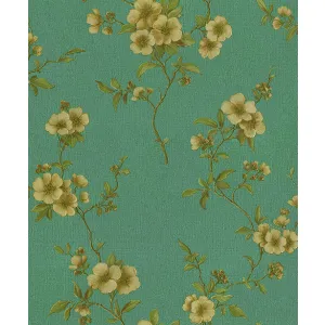 TAPET BETRA GK 87203 - 53X1000 cm, cu aspect texturat satinat, finisaj embosat, model floral delicat pe fundal verde smarald, stil clasic-romantic.