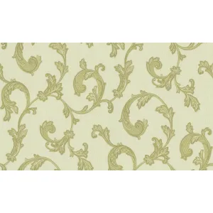 Tapet GRIES GK 87526 – 106x1000 cm (10,6 m² / rolă), PVC, lavabil, model clasic floral bej-auriu in relief.