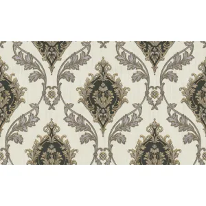 TAPET PVC ROYAL 96006 - 106X1000 cm (10.6 m²/ rola), PVC, lavabil, model damasc cu medalion baroc elegant negru-auriu, fundal ivory și detalii aurii, textură embosată, ideal pentru decoruri clasice cu contrast puternic.