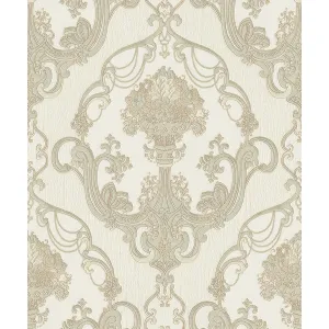 Tapet CAROLYN 827601 – 53x1000 cm (5.3 m²/ rola), PVC, lavabil, model baroc floral crem-bej, design clasic și rafinat, ideal pentru interioare elegante.