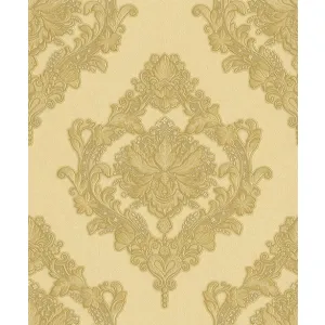 Tapet CARMELA GK 859702 – 53x1000 cm (5.3 m²/ rola), PVC, lavabil, model damasc baroc in nuante aurii pe fundal crem, eleganță clasică pentru interioare rafinate.