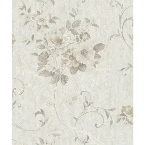 TAPET PVC CAROLYN 827105 - 53X1000 cm, cu aspect texturat satinat, finisaj embosat, model floral clasic pe fundal crem-bej, stil romantic-elegant.