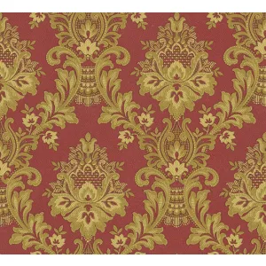 Tapet VANESSA GK 863707 – 70x1000 cm (7 m²/ rolă), PVC, lavabil, model elegant baroc cu ornament auriu pe fundal roșu intens. 
