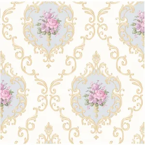 TAPET PVC ASIA WALLPAPER AW15-2 - 53X1000 cm (5.3 m²/ rolă), PVC, lavabil, model floral vintage elegant, cu medalioane aurii și fundal crem. 