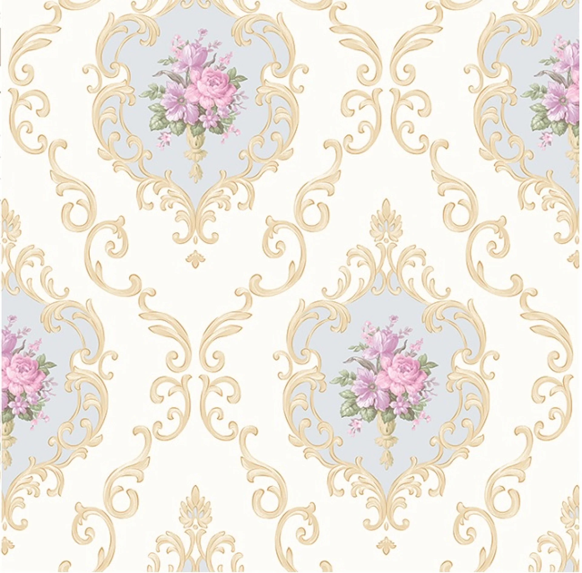 TAPET PVC ASIA WALLPAPER AW15-2 - 53X1000 cm (5.3 m²/ rolă), PVC, lavabil, model floral vintage elegant, cu medalioane aurii și fundal crem. 