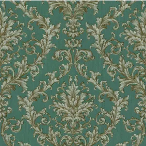 Tapet TALISA 832306 – 53x1000 cm (5.3 m²/ rola), PVC, lavabil, model clasic baroc elegant în nuanțe de verde și auriu.