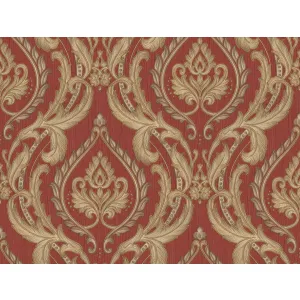 Tapet WILSON 825606 – 70x1000 cm (7 m²/ rolă), PVC, lavabil, model baroc elegant, sofisticat, în tonuri de roșu burgund și auriu. 