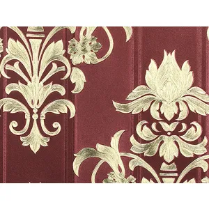 Tapet GOLDEN 13841 – 53x1000 cm (5.3 m²/ rola), PVC, lavabil, model baroc auriu cu burgundy, elegant și sofisticat, ideal pentru decoruri clasice sau luxuriante.