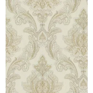 Tapet VICTOR 828102 – 70x1000 cm (7 m²/ rola), PVC, lavabil, model damasc rafinat si elegant, în nuanțe de crem-bej, ideal pentru interioare clasice.