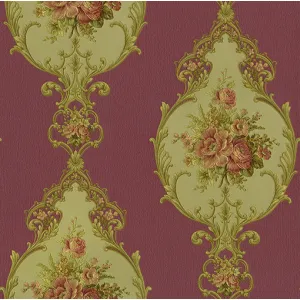 Tapet DELICIA GK 862601 – 53x1000 cm (5.3 m²/ rola), PVC, lavabil, design baroc floral pe fundal vișiniu cu medalion floral, ideal pentru interioare romantice și elegante. 